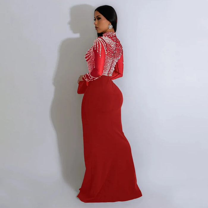 Women Long Sleeve Diamonds Hot Rhinestones High Side Split Mermaid Midi Maxi Dress Sexy Party Dresses