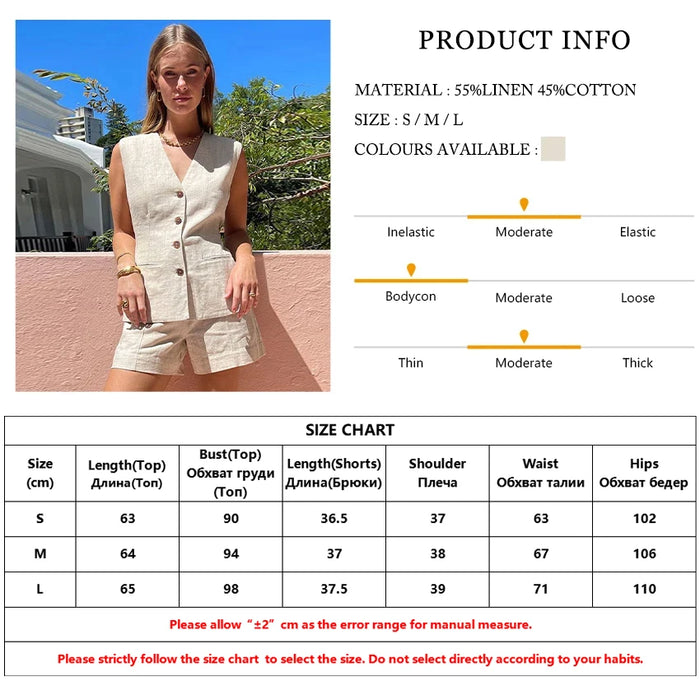 Summer Slim Khaki Linen 2 Piece Sets Women Outfit Fashion Sleeveless Tank Top With High Waist Shorts Set Female