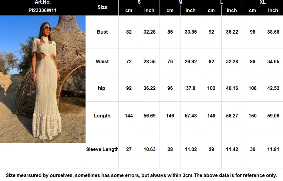 Sexy White Lace Women Dress Turtleneck Tassel Sleeve Slim Naked Waist Hollow Out Long Dress Summer Beach