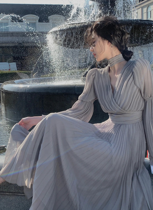 Womens French Elegant Ruffle Irregular Long Dress Pleated Party Evening