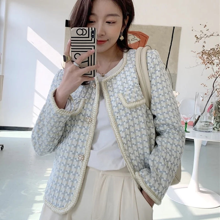 High Quality French Vintage Tweed Jacket Coat Women's Spring Fall Short Coat Plaid Outwear Office Lady