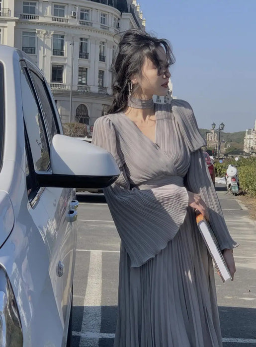 Womens French Elegant Ruffle Irregular Long Dress Pleated Party Evening