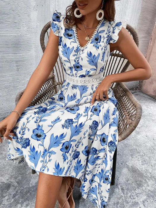Blue Floral Print White Dresses Women Lace Hollow Out Long Dress Holiady Summer Bodycon Elegant Ruffles