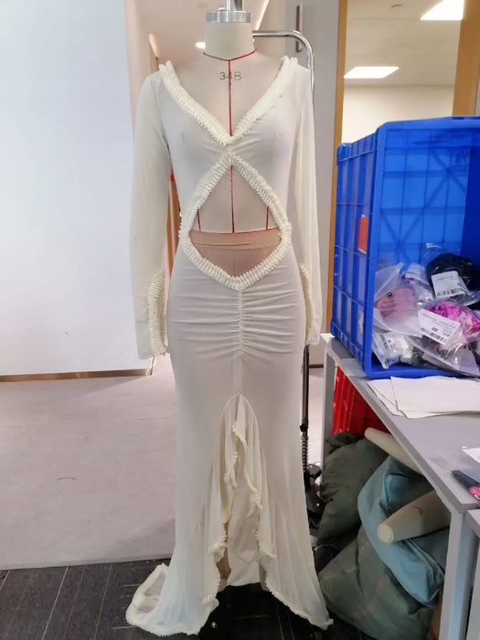 Deep V Neck Sheer Dress For Women Elegant Slim Hollow Out Dress Femme Holiday Beach Sexy Ruffle Slit Evening Ladies