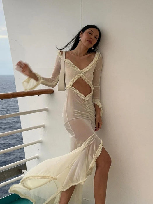 Deep V Neck Sheer Dress For Women Elegant Slim Hollow Out Dress Femme Holiday Beach Sexy Ruffle Slit Evening Ladies