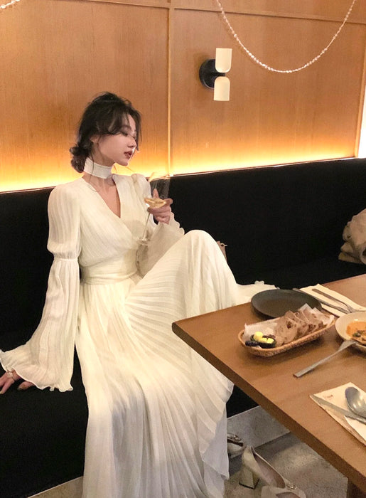 Womens French Elegant Ruffle Irregular Long Dress Pleated Party Evening