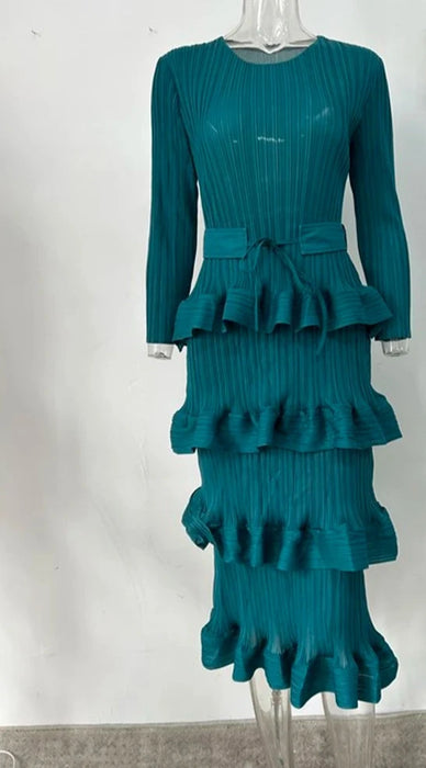 Long Pleated Dress Women Round Neck Solid Color Ruffles Belt Dresses Multi-layer Female Elegant Clothing