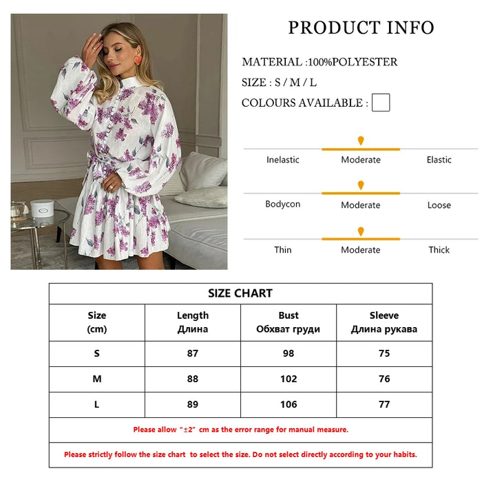 Print Women Dress Vintage Stand Collar Puff Sleeve Mini Dresses Elegant Lace-Up Pleated Female Dress