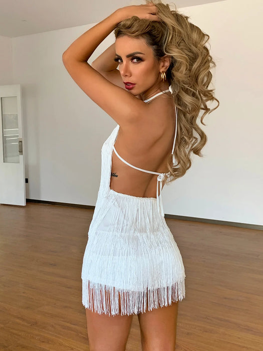 Backless white bodys tassel bodysuit shorts jumpsuit women summer party festival outfit bodycon rompers