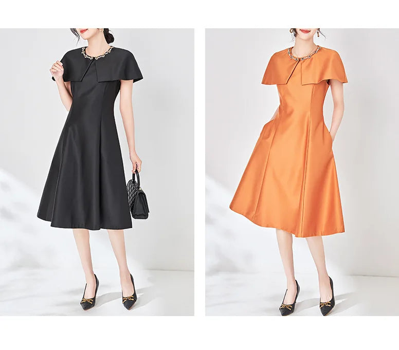 Elegant Diamonds Cloak Sleeve Dinner Party Dresses for Women Fashion Spring Summer Dress Solid Aline Knee Length