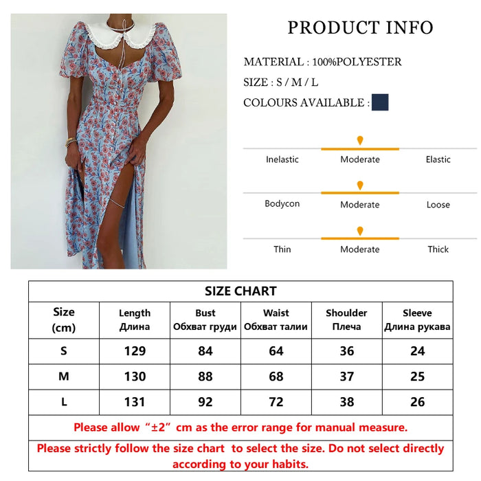 Summer Slim Print Midi Dress Lady Sexy Elegant Doll Collar Puff Sleeve Slit Party Dresses For Women