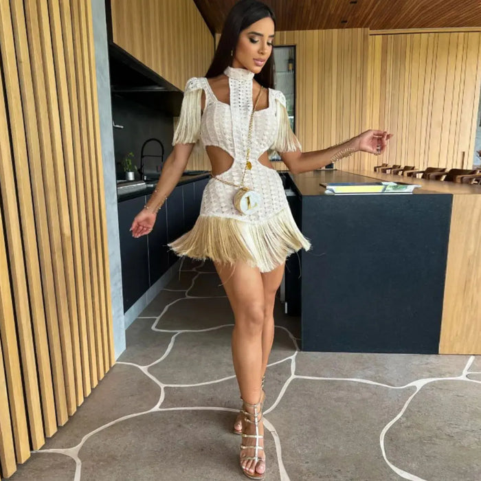 Sexy Women Black Leopard Tassel Mini Dresses Sleeveless Naked Waist Dress Summer Party Evening dress for women