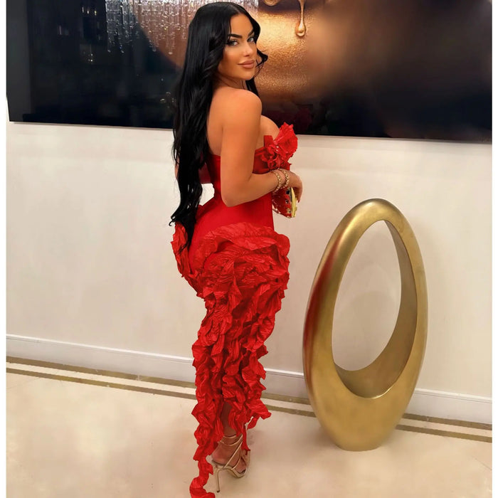 Women Strapless Ruffles Tassel Irregular Bodycon long Maxi Dress