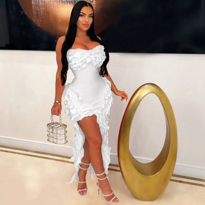 Women Strapless Ruffles Tassel Irregular Bodycon long Maxi Dress