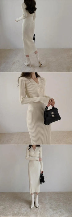 Knitted Long Sleeve Dresses Women Bodycon Dress Lady Winter Buttons V Neck Sweater