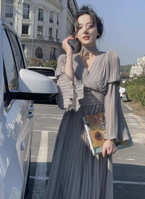 Womens French Elegant Ruffle Irregular Long Dress Pleated Party Evening