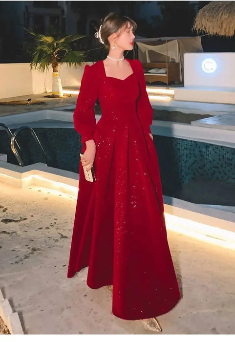 Elegant Red Sequins Midi Dress Women V-neck Formal Evening Party Dresses