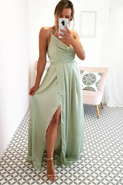 Mint Green Bridesmaid Dresses Side Slit Backless Gown Long Satin Summer Evening Dress For Women