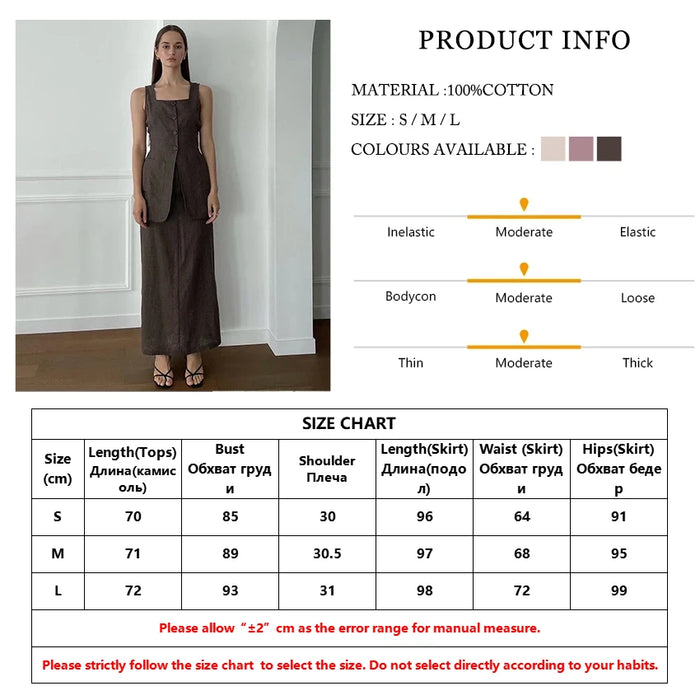 Summer Slim Brown Cotton 2 Piece Sets Women Outfit Elegant Sleeveless Tank Top With High Waist Long Skirts Set