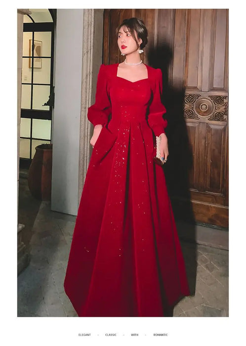 Elegant Red Sequins Midi Dress Women V-neck Formal Evening Party Dresses