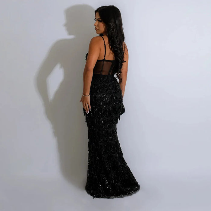 Women Sequined Spaghetti Stap Mesh Patchwork Tunic Bodycon Midi Maxi Dress Sexy Club Evening Party Night