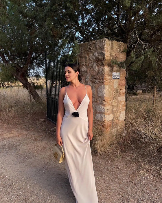 Flower Deep V-Neck Maxi Dress For Women Sheer Sleeveless Slip Long Evening Dresses Party Clubwear Sexy Backless Elegant