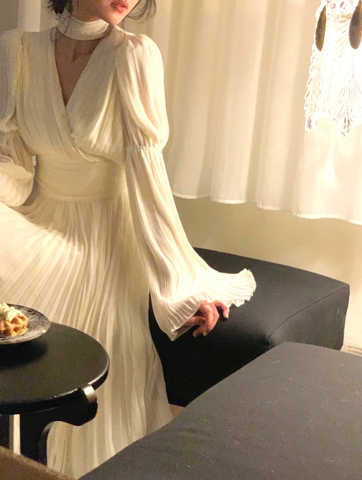 Womens French Elegant Ruffle Irregular Long Dress Pleated Party Evening