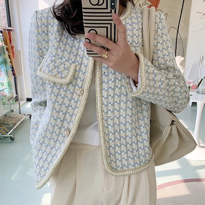 High Quality French Vintage Tweed Jacket Coat Women's Spring Fall Short Coat Plaid Outwear Office Lady