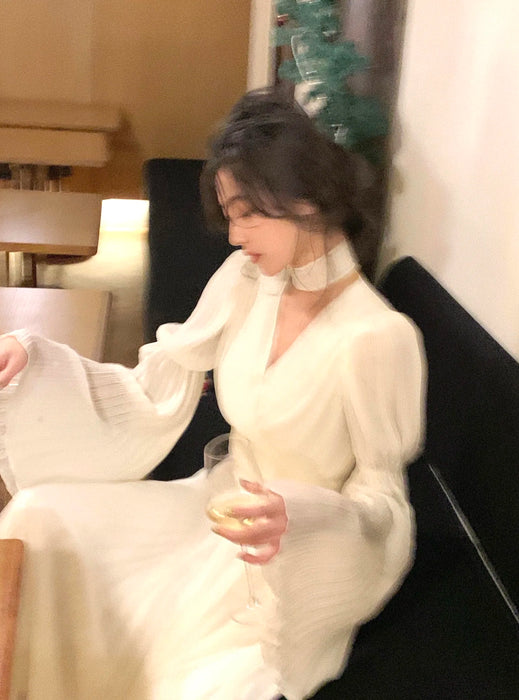 Womens French Elegant Ruffle Irregular Long Dress Pleated Party Evening