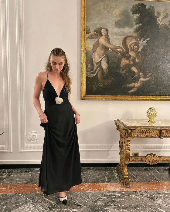 Flower Deep V-Neck Maxi Dress For Women Sheer Sleeveless Slip Long Evening Dresses Party Clubwear Sexy Backless Elegant