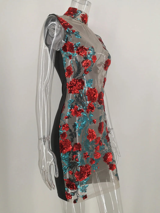 See through Mesh Red Sequin Mini Summer Dress Women Night club outfits cocktail Dresses Party bodycon