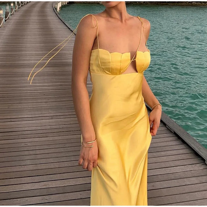 Elegant Floral Chest Backless Satin Maxi Dresses Women Summer Ladies Party Evening