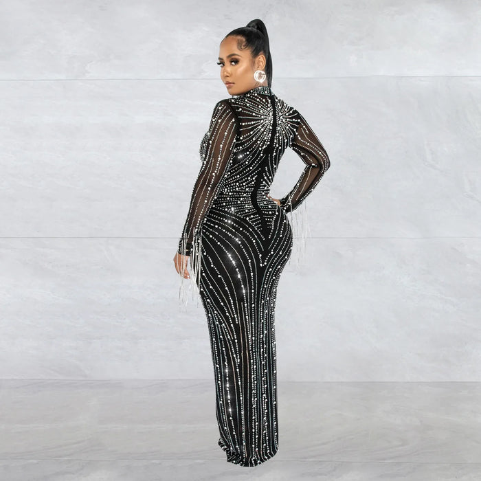 Women Mesh Tassel Long Sleeve Diamonds Hot Rhinestones Bodycon Midi Maxi Long Dress and Tank Inner Dresses 2piece Suit