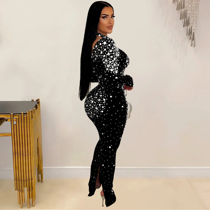 Women Long Sleeve Mesh Diamonds Hot Rhinestones Bodycon Midi Dress Women’s Maxi Long Evening Birthday Dresses