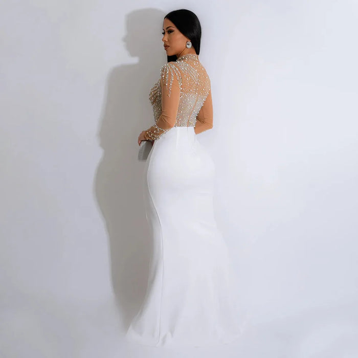 Women Long Sleeve Diamonds Hot Rhinestones High Side Split Mermaid Midi Maxi Dress Sexy Party Dresses