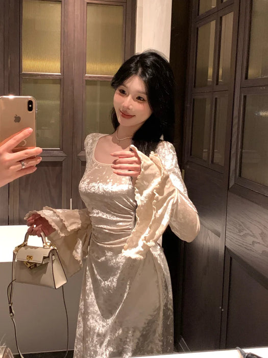 Women Long Sleeve Elegant Party Midi Dress Female Dress Semi Formal