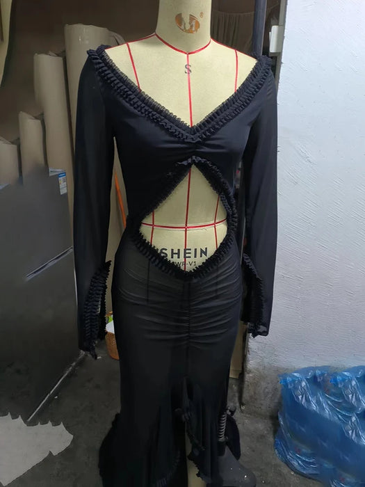 Deep V Neck Sheer Dress For Women Elegant Slim Hollow Out Dress Femme Holiday Beach Sexy Ruffle Slit Evening Ladies