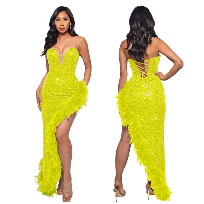Women Sequined Strapless Feather High Side Split Strapless Bodycon Midi Maxi Dress Sexy Club Evening Party Dresses Night Lady