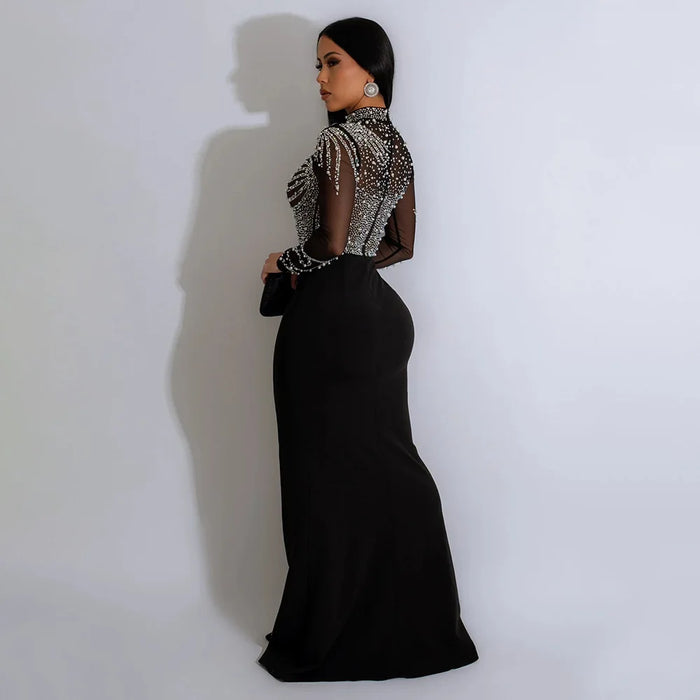 Women Long Sleeve Diamonds Hot Rhinestones High Side Split Mermaid Midi Maxi Dress Sexy Party Dresses