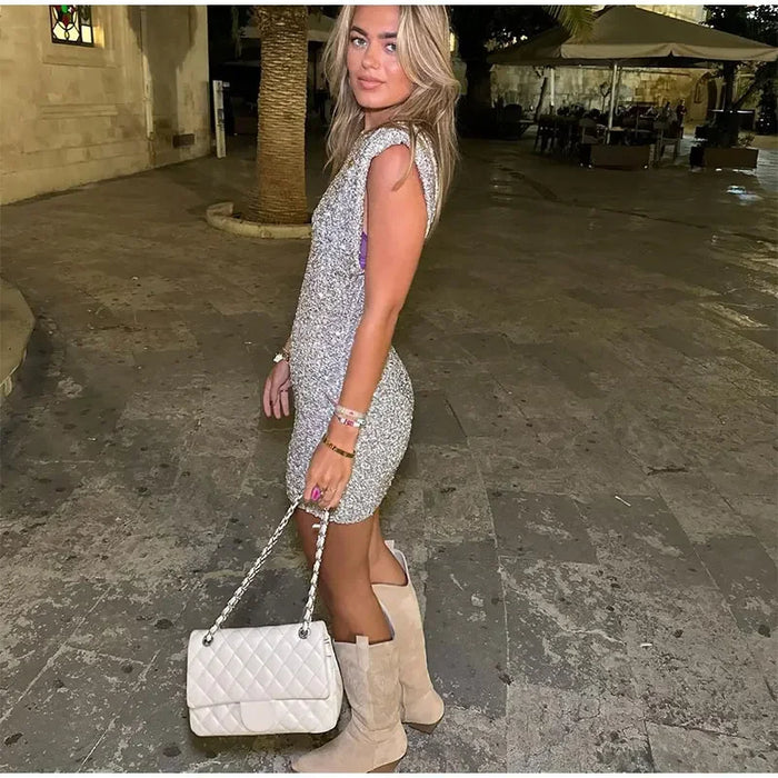 Fashion Sparkling Sliver Sequins Mini Dress Women Elegant O-neck Sleeveless Bodycon Dresses