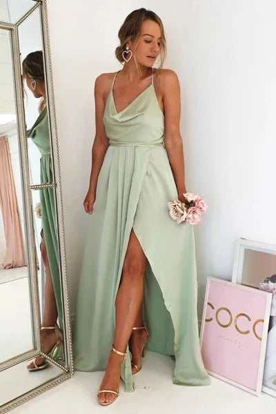 Mint Green Bridesmaid Dresses Side Slit Backless Gown Long Satin Summer Evening Dress For Women