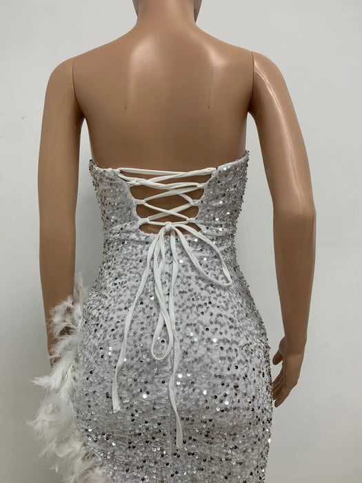 Women Sequined Strapless Feather High Side Split Strapless Bodycon Midi Maxi Dress Sexy Club Evening Party Dresses Night Lady