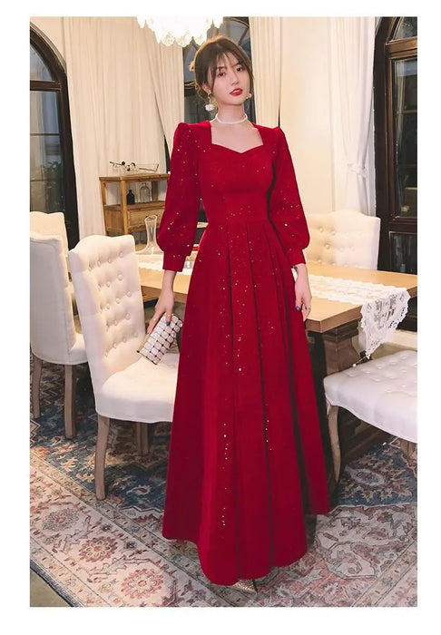 Elegant Red Sequins Midi Dress Women V-neck Formal Evening Party Dresses