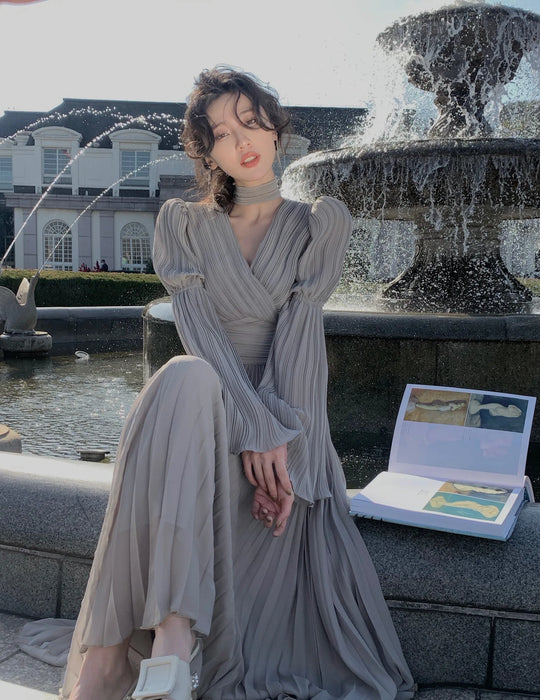 Womens French Elegant Ruffle Irregular Long Dress Pleated Party Evening