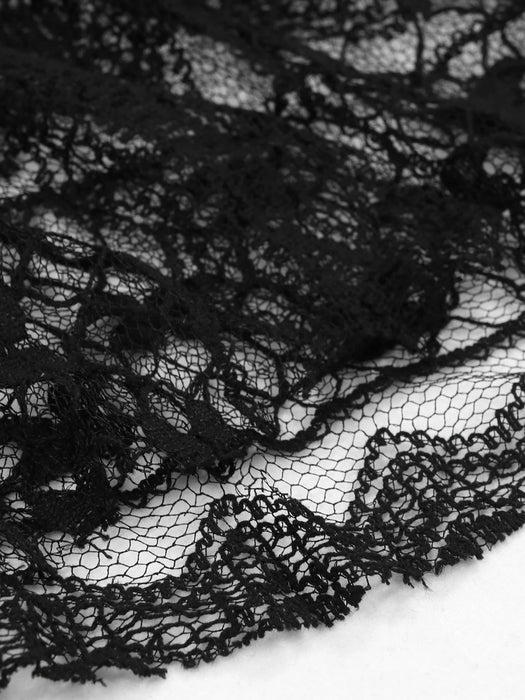 Sexy Black Lace Skirt Two Piece Set Long Sleeve V-neck Top High Waist See Through Skirt Suit Summer Beach Style Set