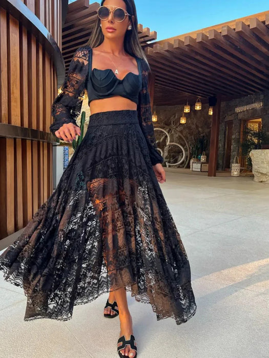 Sexy Black Lace Skirt Two Piece Set Long Sleeve V-neck Top High Waist See Through Skirt Suit Summer Beach Style Set