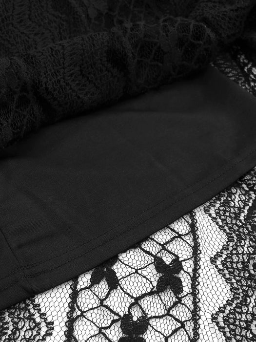 Sexy Black Lace Skirt Two Piece Set Long Sleeve V-neck Top High Waist See Through Skirt Suit Summer Beach Style Set