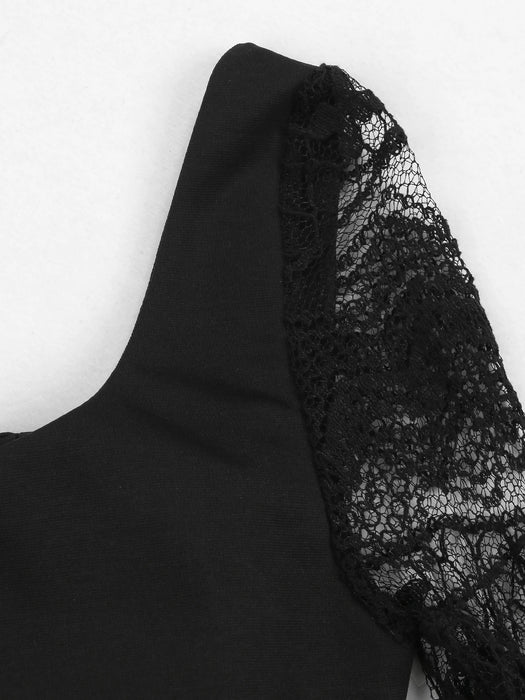 Sexy Black Lace Skirt Two Piece Set Long Sleeve V-neck Top High Waist See Through Skirt Suit Summer Beach Style Set