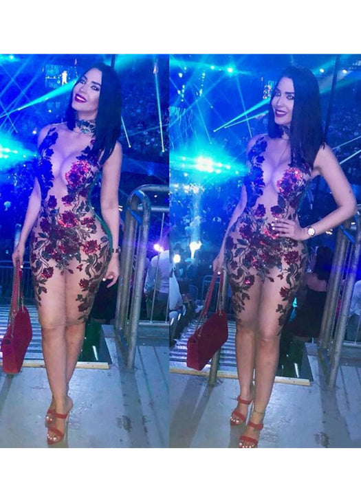 See through Mesh Red Sequin Mini Summer Dress Women Night club outfits cocktail Dresses Party bodycon