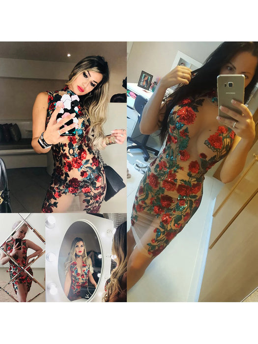 See through Mesh Red Sequin Mini Summer Dress Women Night club outfits cocktail Dresses Party bodycon